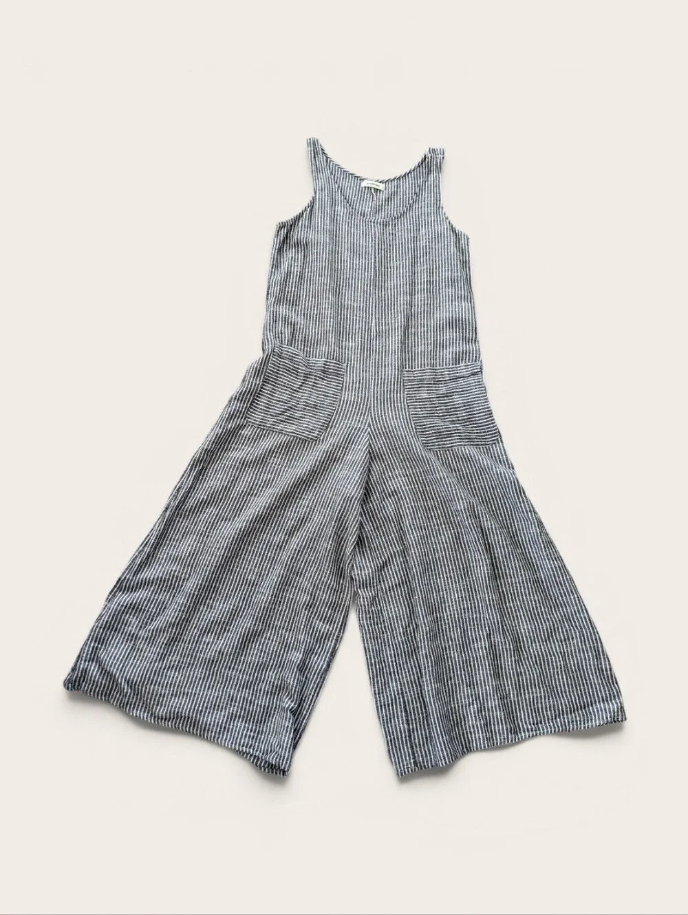 Max Studio Womens Jumpsuit Romper Size Striped Gray/White Pockets Linen Blend - Picture 3 of 9